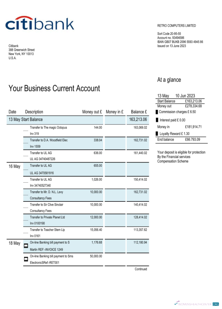 Download Citibank bank business account statement Word and PDF template Photoshop template